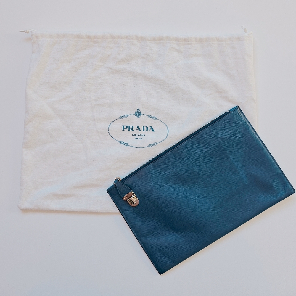 PRADA Saffiano Leather Blue Zip Clutch Pouch Bag With Silver Hardware.